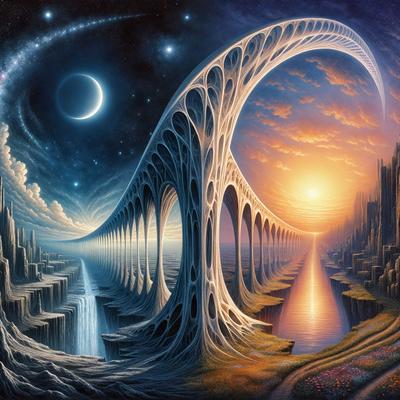 The primary subject of the image is a large, intricate bridge with a unique design. The bridge is situated in a beautiful, serene environment, with a sky background and a moon visible in the sky. The visual style of the image is a combination of digital art and illustration, creating a captivating and imaginative scene. The colors and mood of the image are predominantly blue and purple, giving the scene a calm and peaceful atmosphere.